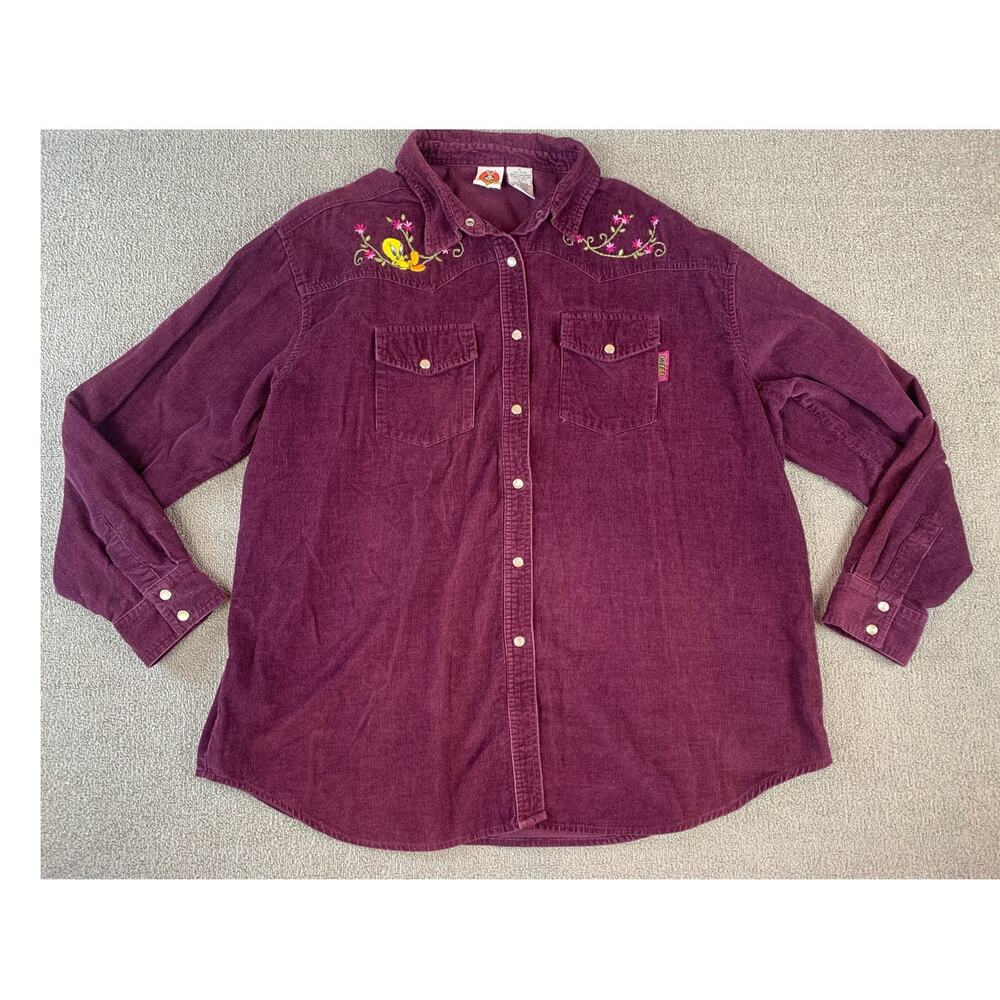 Looney Toons Shirt Shacket Corduroy Embroidered Tweety Pearl Snap Vtg Size XL
